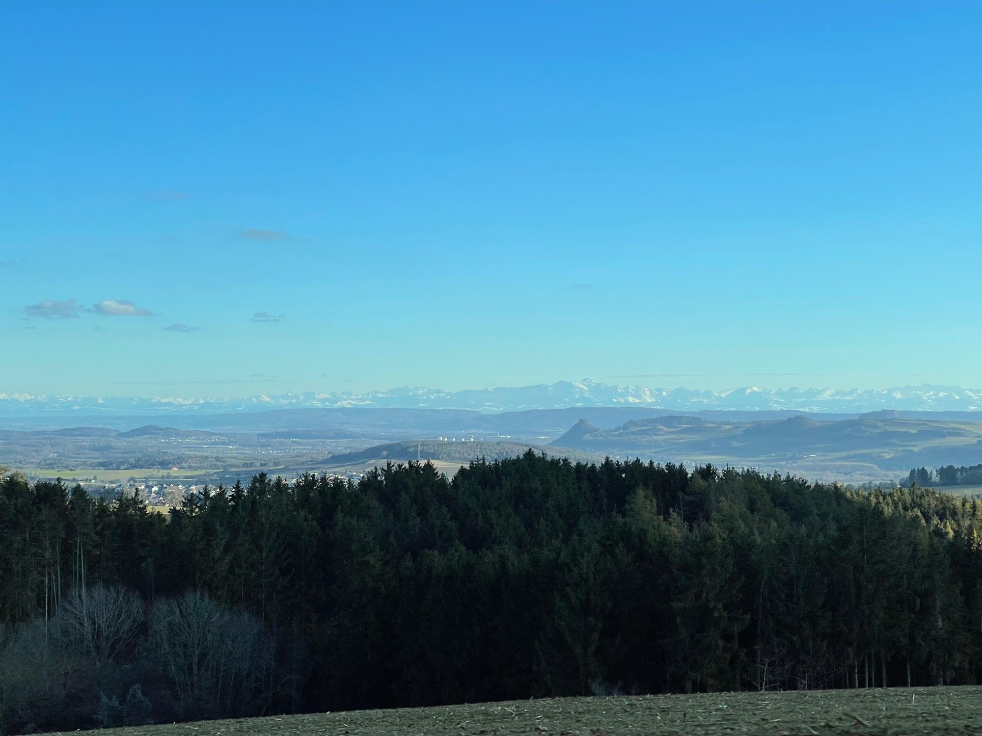 Blick über die Hegau-Vulkane mit Hohentwiel bis zur Alpenkette